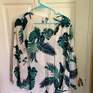 Tropical Green Leaf Print Women's Top